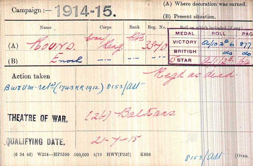 WWI Medal Rolls Index Card